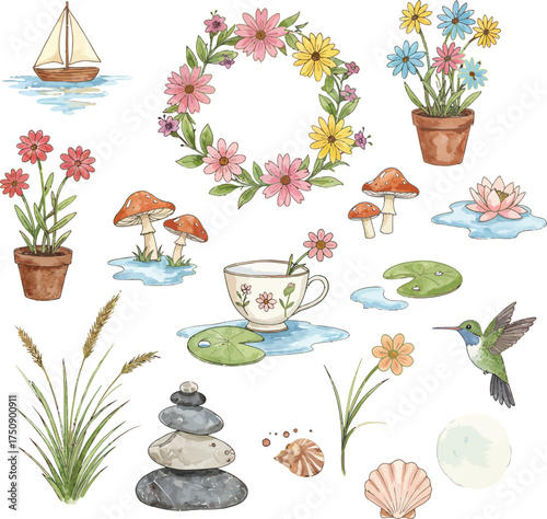 Watercolor illustration with flowers and nature elements