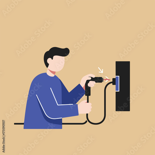 Person plugging in black plug to wall socket with visual indication of spark