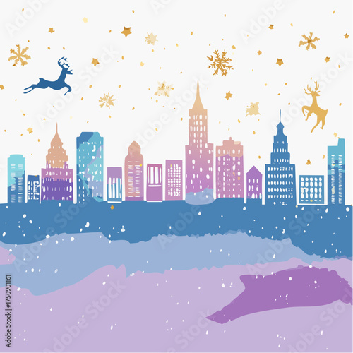 Sanfte Aquarell-Skyline in Blau- und Violetttönen, mit goldfarbenen Rentier-Silhouetten und Sternen