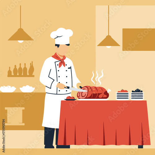 Chef slicing roast ham on draped table, plates of food, warm color palette