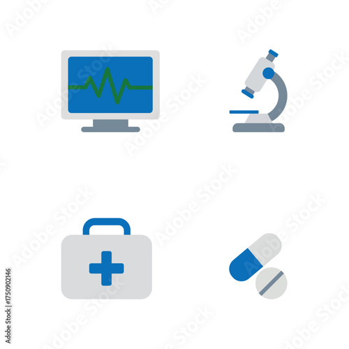 Medical Device Icons Microscope Monitor Pills for Healthcare