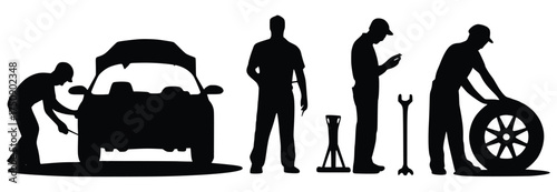 Automotive Service: A series of stylized silhouettes showcasing various aspects of automotive repair and maintenance