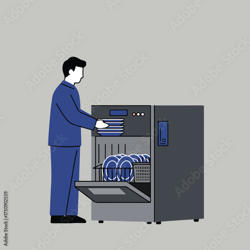 A man loads blue plates into an open, commercial-sized dishwasher