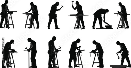 “Woodworking carpenter silhouette vector illustration showing various carpentry tasks with tools, measuring, sawing, hammering, assembling wood at workshop bench”