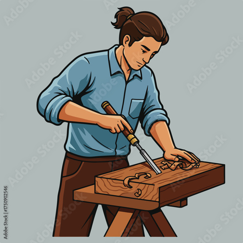Man chiseling wood, shavings curl on table