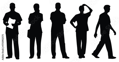 Silhouette of Individuals: The silhouette of five diverse individuals captures a variety of poses, reflecting different activities and moods against an undetailed backdrop. 