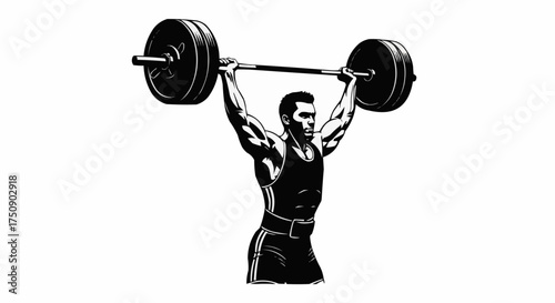 Intense weightlifter powerfully hoisting barbell overhead in monochrome art