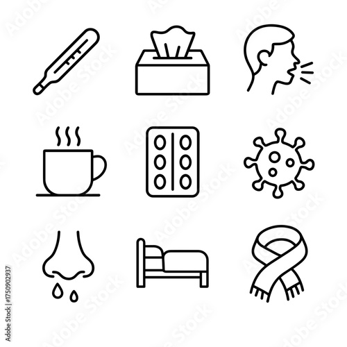 Cold and flu care line icons set, home remedies and symptoms, vector