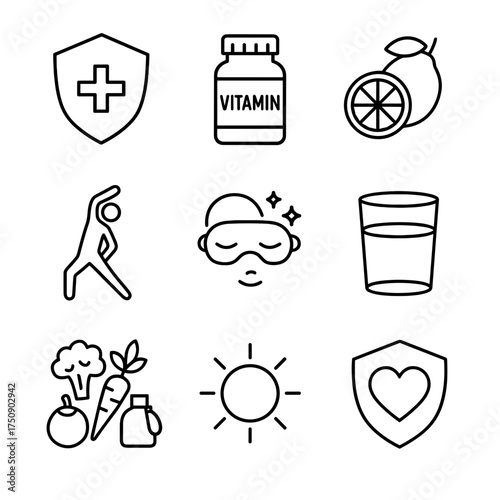 Immune support line icons set, vitamins and healthy habits, vector icon set isolated