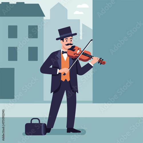 Violinist in formal attire plays in city, case nearby