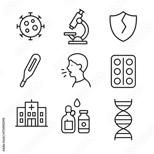 Seasonal illnesses line icons set, virus lab and fever symptoms, vector icon set
