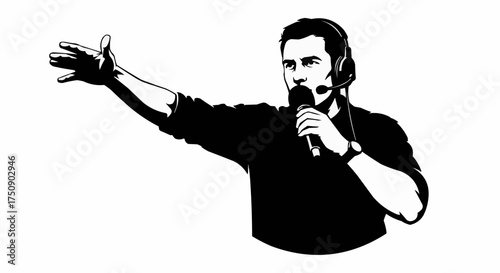 Energetic broadcaster speaks into microphone with passion and authority