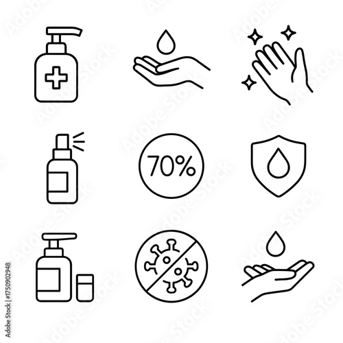 Hand hygiene line icons set, sanitizer and flu shot season safety, vector icon set isolated
