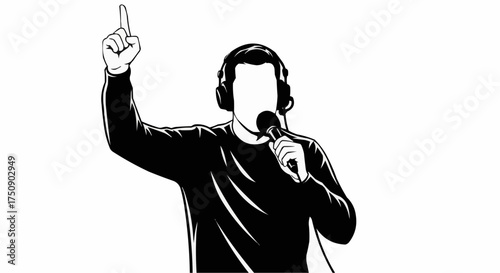 Podcast presenter with microphone raising finger for audio broadcast success