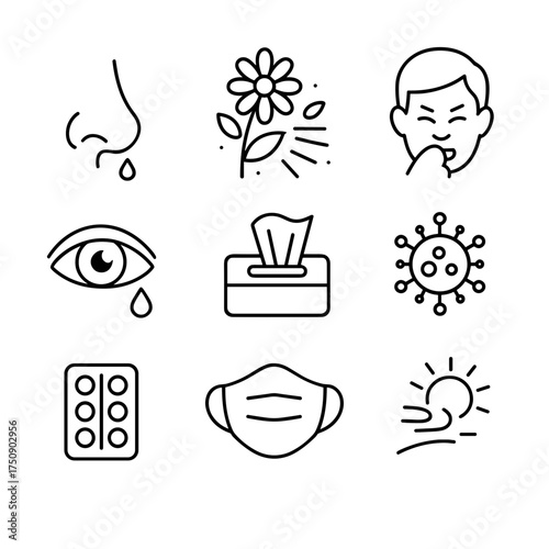 Winter allergies and hay fever line icons set, symptoms and relief, vector icon set