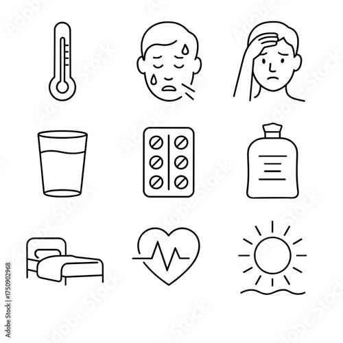 Seasonal illnesses line icons set, virus lab and fever symptoms, vector