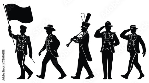 Marching Band Silhouette: Silhouetted figures in a marching band parade. A vivid representation of music, rhythm, and unison. Perfect for adding a touch of classic elegance to any project.