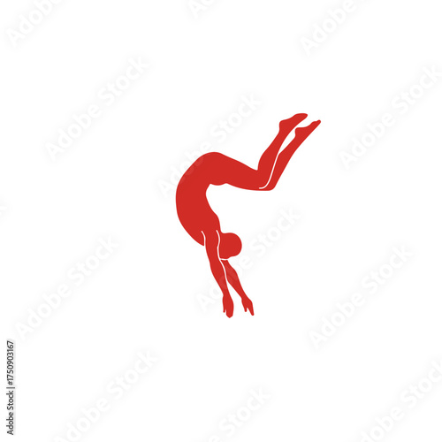 Red silhouette of gymnast mid-flip against white background