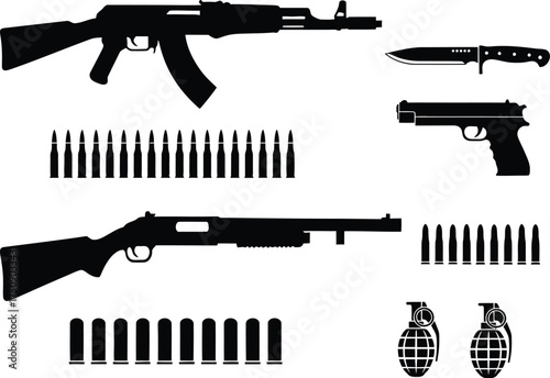 Set of guns vector, weapon game resources silhouette, weapon or guns silhouette on white background