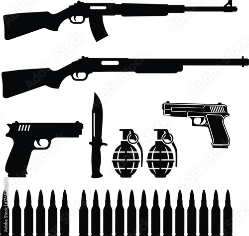 Set of guns vector, weapon game resources silhouette, weapon or guns silhouette on white background