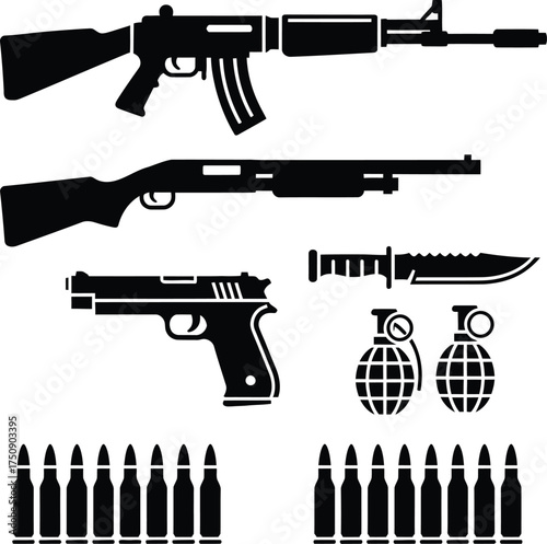 Set of guns silhouette vector, weapon game resources silhouette, weapon or guns silhouette on white background