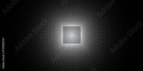 Futuristic perspective grid box. Abstract wireframe with white grid line on black background. Virtual reality landscape in 80s 90s digital style. Vector illustration.