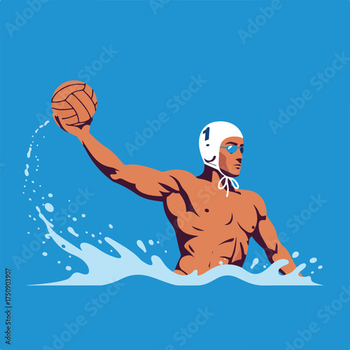 Water polo player wearing cap, throwing ball, swimming in blue water