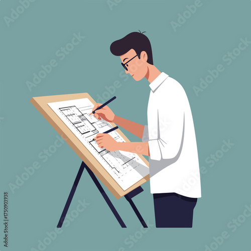 Man drafting a blueprint on a tilted desk against a blue-green background