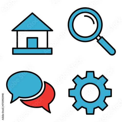 Four distinct user interface icons home house magnifying glass search speech bubbles communication and gear settings for digital applications and web design
