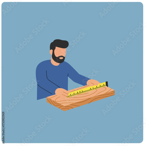 Man measures wood with tape measure on blue background