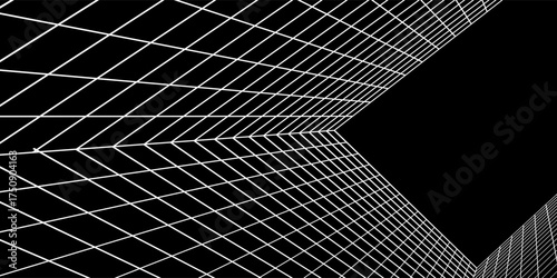 Futuristic perspective grid box. Abstract wireframe with white grid line on black background. Virtual reality landscape in 80s 90s digital style. Vector illustration.