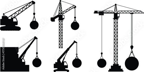 Construction crane silhouettes set with heavy lifting equipment, tower cranes, crawler cranes, mobile cranes, demolition machinery, vector illustration for engineering projects