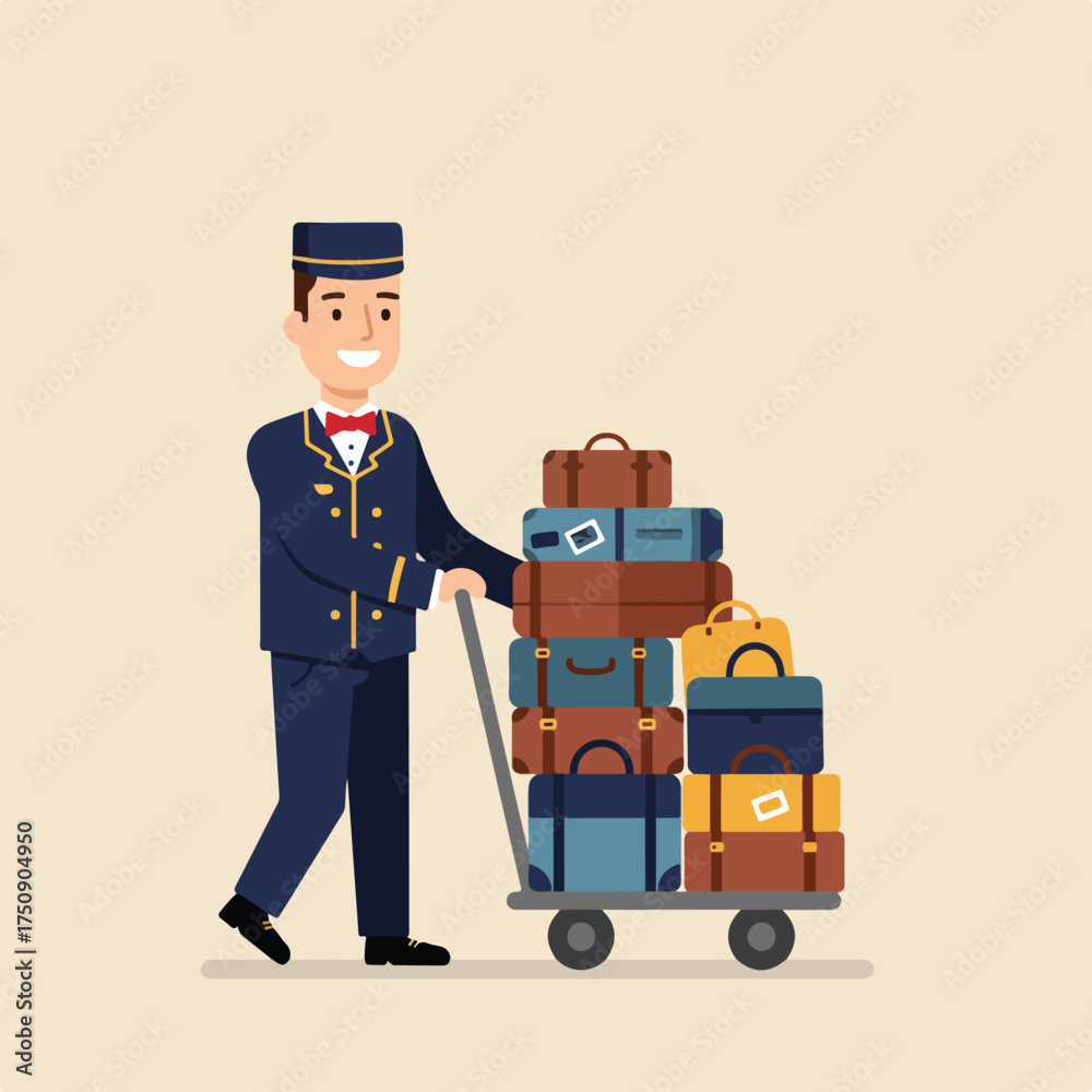 Obraz premium Bellhop pushes luggage cart