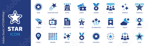 Dynamic collection of modern star icons representing awards, ratings, celebrations, and achievements, perfect for business and lifestyle branding