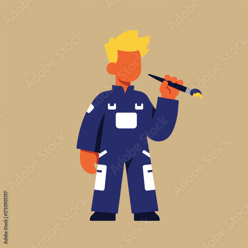 Flat illustration of a figure in blue overalls holding a brush