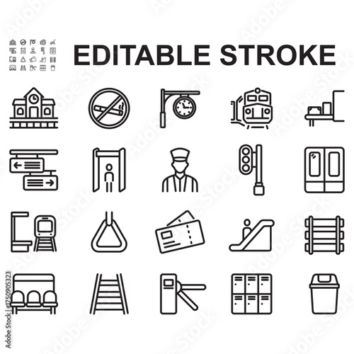 Train station icon set. Thin line style vectors. Contains icons such as rail way, bench, conductor and many more.
