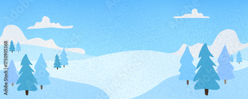 Winter landscape with snowdrifts and snowy fir trees. Vector doodle style seasonal nature background. Frosty snow hills. Game art concept. Vector illustration: Cartoon Winter snowy Mountains lands