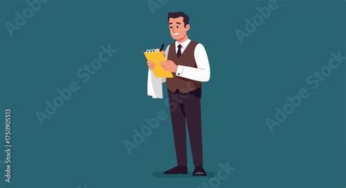 Cartoon of smiling waiter taking order, wearing uniform, on teal background