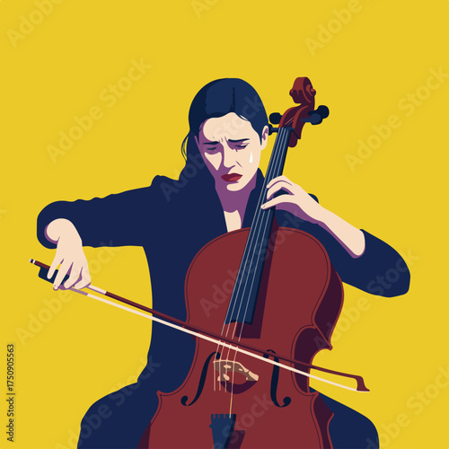 Crying woman plays cello with flat geometric style on yellow background