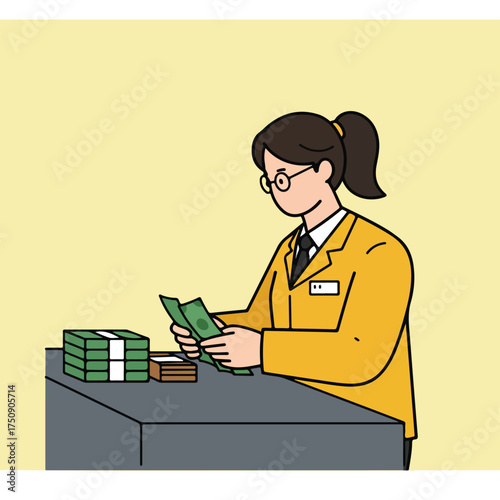 Bank teller counts cash at desk, with stacks of money