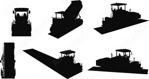 Road construction equipment silhouettes set with asphalt pavers and compactors, heavy machinery illustration for industrial engineering, transport, and infrastructure projects