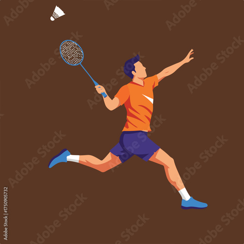 Badminton smash athlete mid-air hitting shuttlecock with racquet on brown ground