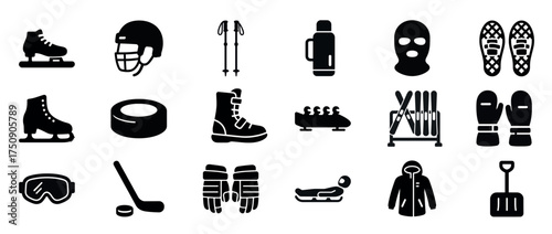 Winter sports equipment icons: ice skates, hockey gear, snowboard, ski poles, toboggan