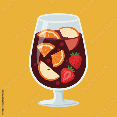 Cartoon wine glass filled with red liquid, fruit on orange backdrop