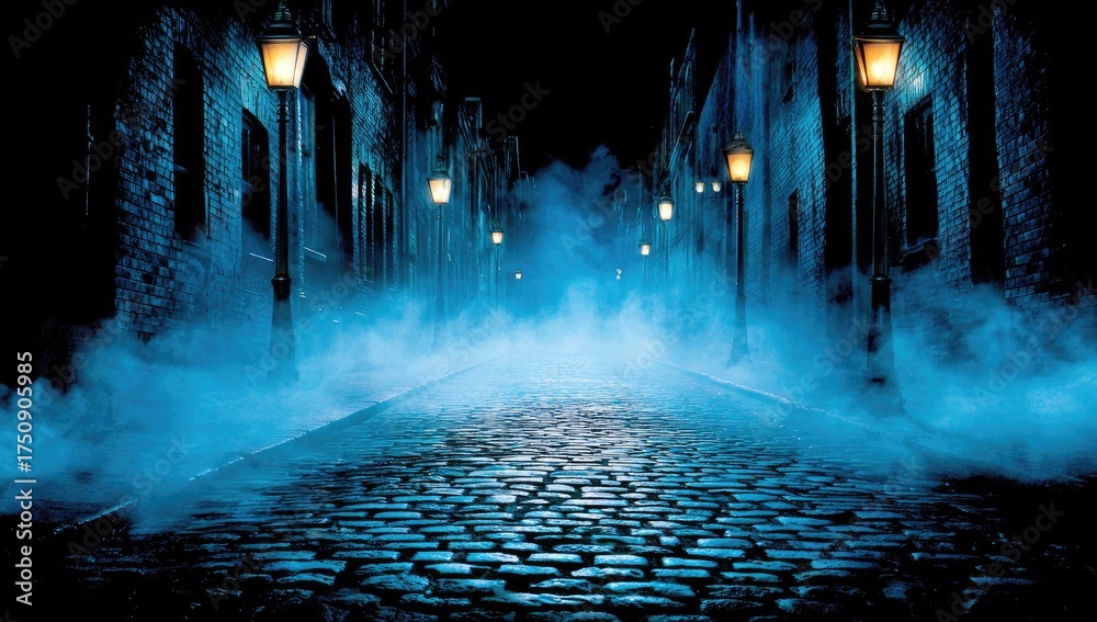 Fototapeta premium Misty alleyway at night, lit by lanterns