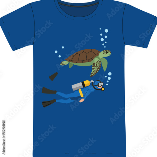 Blue tee with scuba diver & sea turtle graphic, surrounded by bubbles