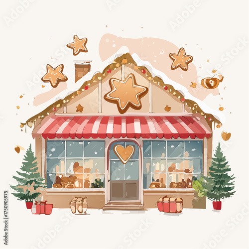 Weihnachtliche Backstube in Aquarell, mit Zimtsternen, Lebkuchenherzen und sanftem Pastell-Hintergrund