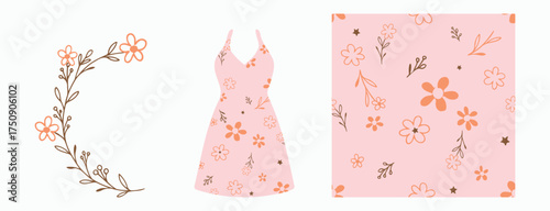 Pastel blush floral pattern with orange blooms and brown sprigs, whimsical hand-drawn vector repeat with corner branch and dress mockup for fabric, apparel, wrapping paper and feminine decor.