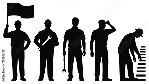 Silhouette of Labor: Dynamic silhouettes of dedicated workers symbolize industry, unity, and the vital role of labor. They each embody a unique element of a hard day's work