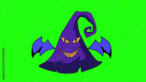 Ghost hat character illustration depicts a mystical purple creature with glowing orange eyes and a sinister laugh. The figure has dark blue wings, creating a mysterious and eerie impression
